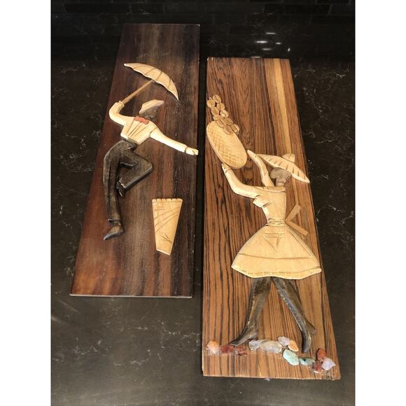 Vintage African Set Girl & Boy Folk Art Scroll Cut Hand Carved Wood Plaque RARE - Picture 2 of 5